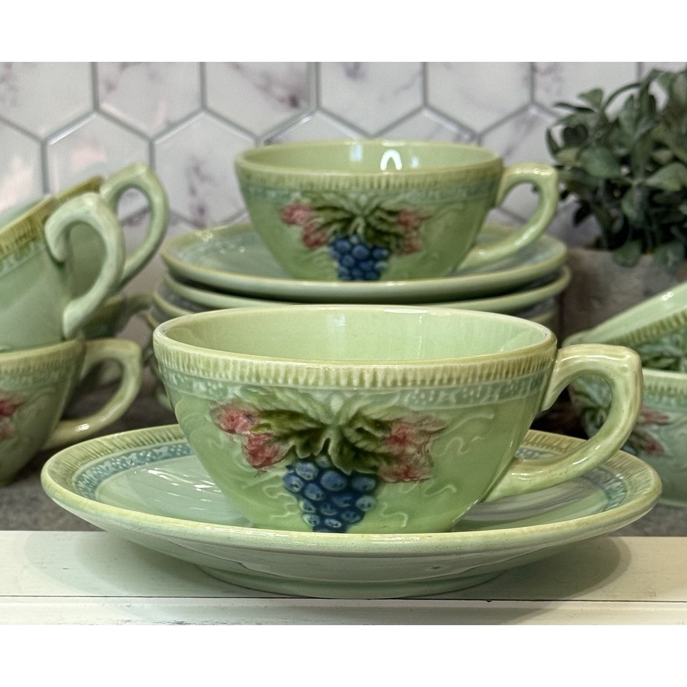Vintage Tea Cup Black Forest Art Pottery Majolica Erphila Germany Grapes Design - Picture 6 of 9